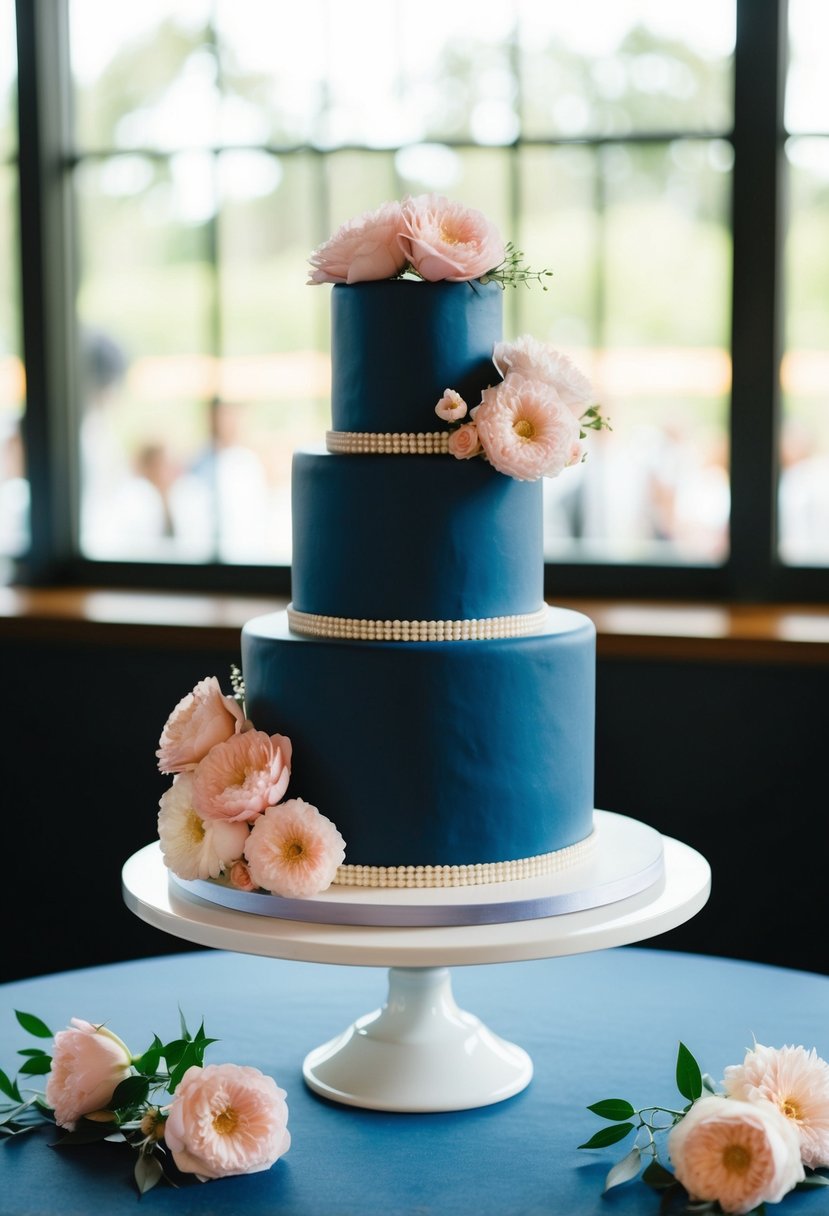 A navy blue wedding cake adorned with blush flowers