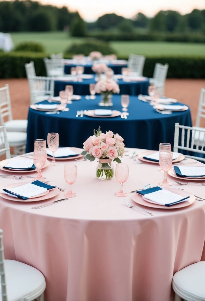 Blush pink table settings on navy tablecloths, creating a striking contrast for a navy blue and pink wedding color scheme