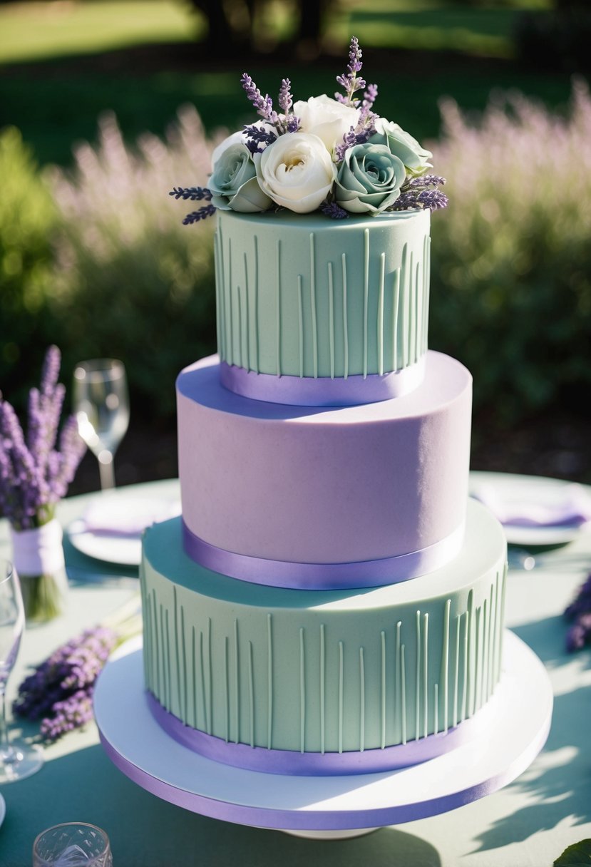 A three-tiered sage green velvet cake with lavender layers, surrounded by lavender and sage green wedding decor