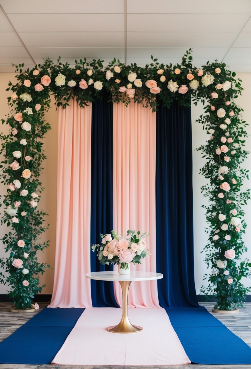 A navy blue and pink photo backdrop with wedding decor and flowers