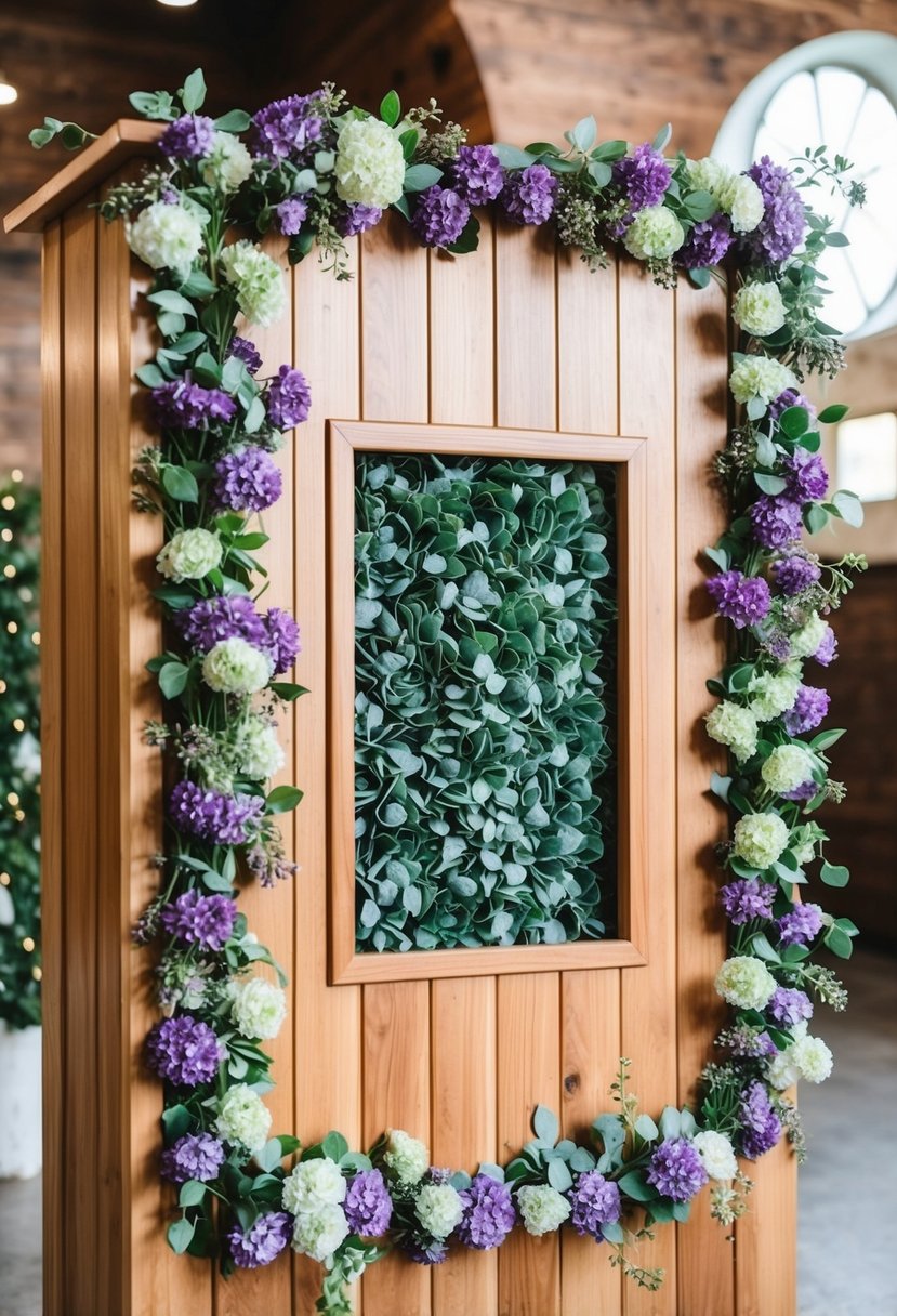 A wooden photo booth adorned with lavender and sage green flowers and decor