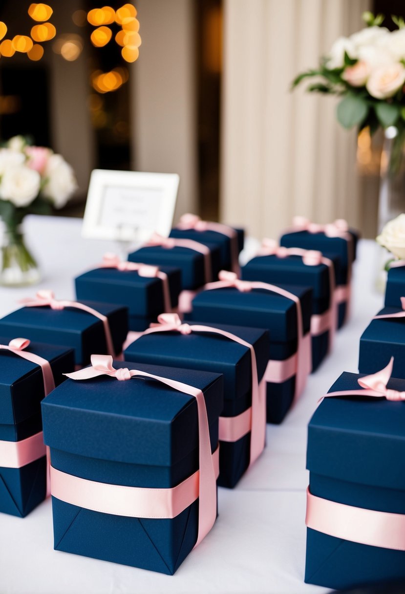 Navy favor boxes with pink ribbons and accents, arranged on a table for a wedding reception