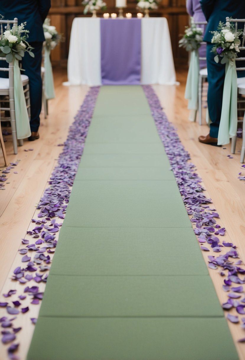 A long sage green aisle runner lined with lavender petals, leading to an altar adorned with sage green and lavender decorations