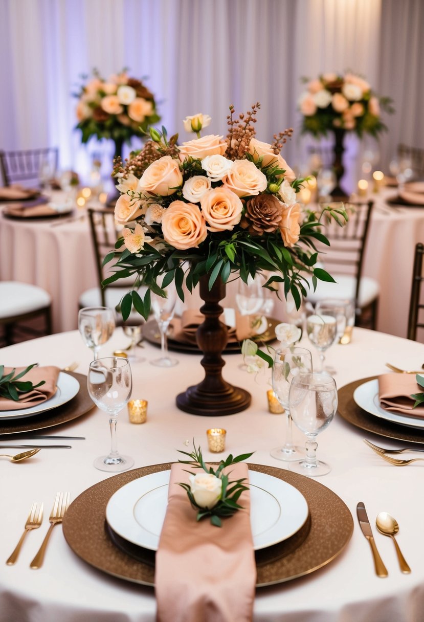 A table set with peach and brown floral centerpieces, matching linens, and elegant place settings for a wedding reception