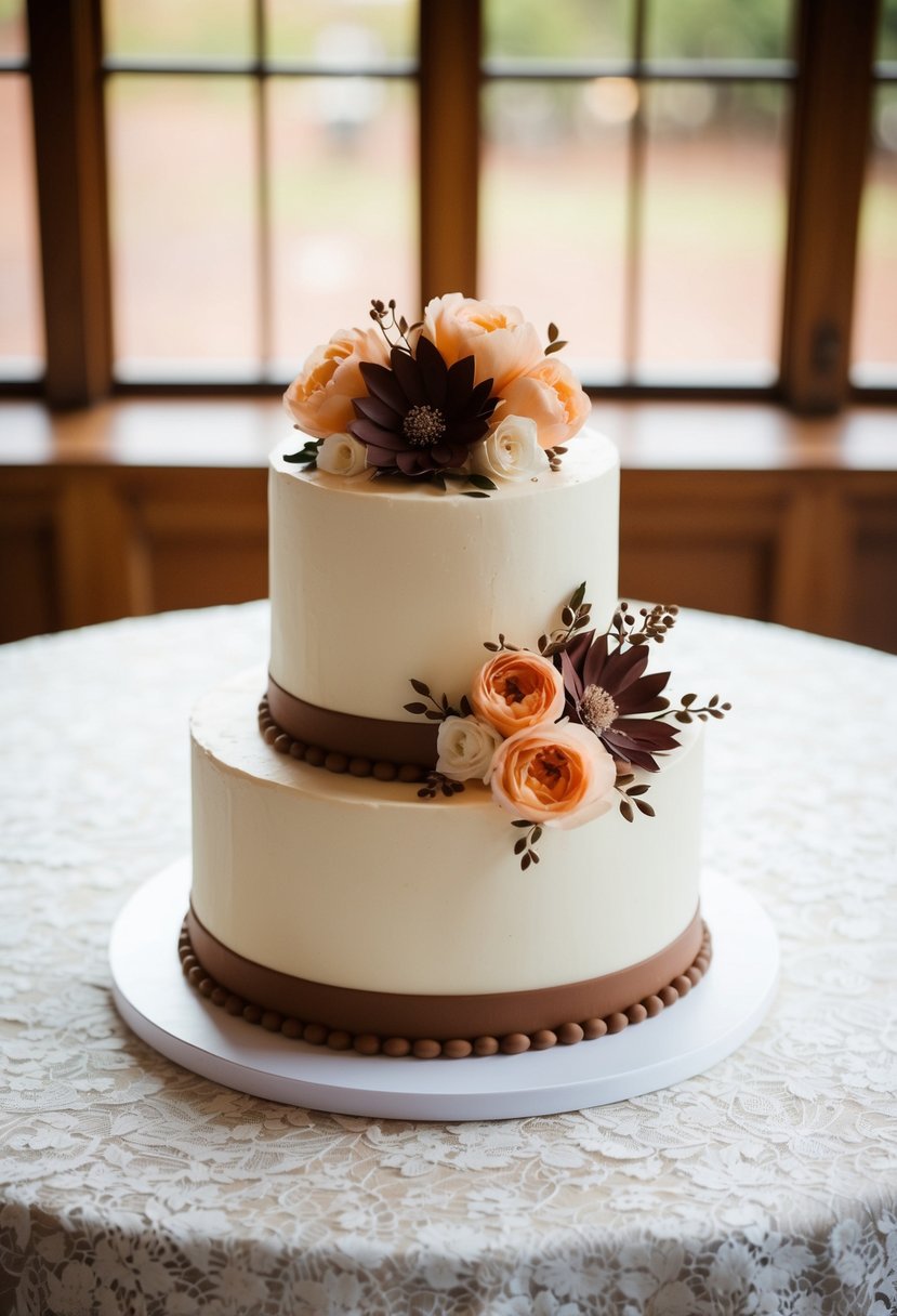 Two-tiered wedding cake with peach and brown floral decorations on a lace tablecloth