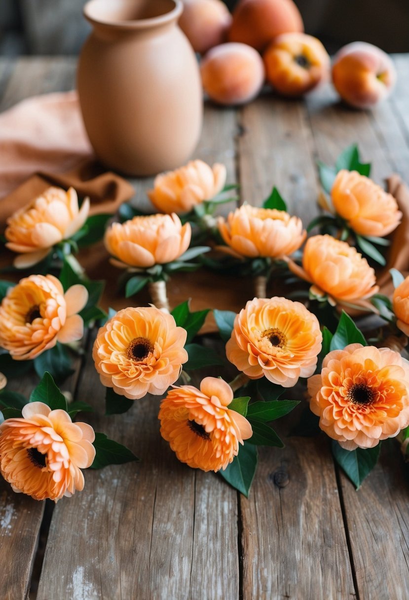 A close-up of peach boutonnieres arranged on a rustic wooden table, surrounded by earthy brown and peach-colored decor