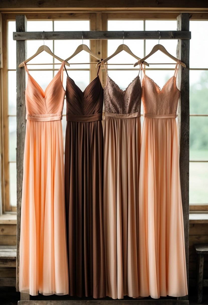 A row of peach and brown bridesmaid dresses hanging on a rustic wooden rack, bathed in soft natural light