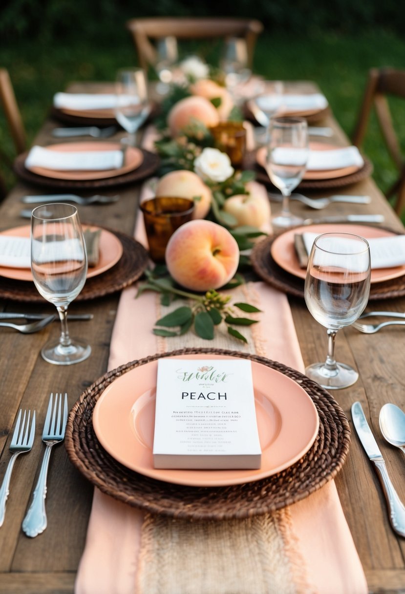 A rustic table setting with peach and brown accents, featuring earthy tones and natural textures for a wedding color scheme