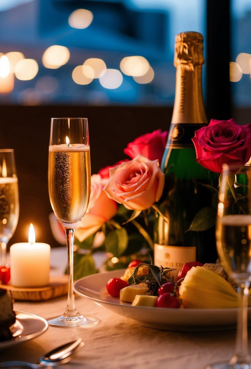 A cozy candlelit dinner with roses and champagne