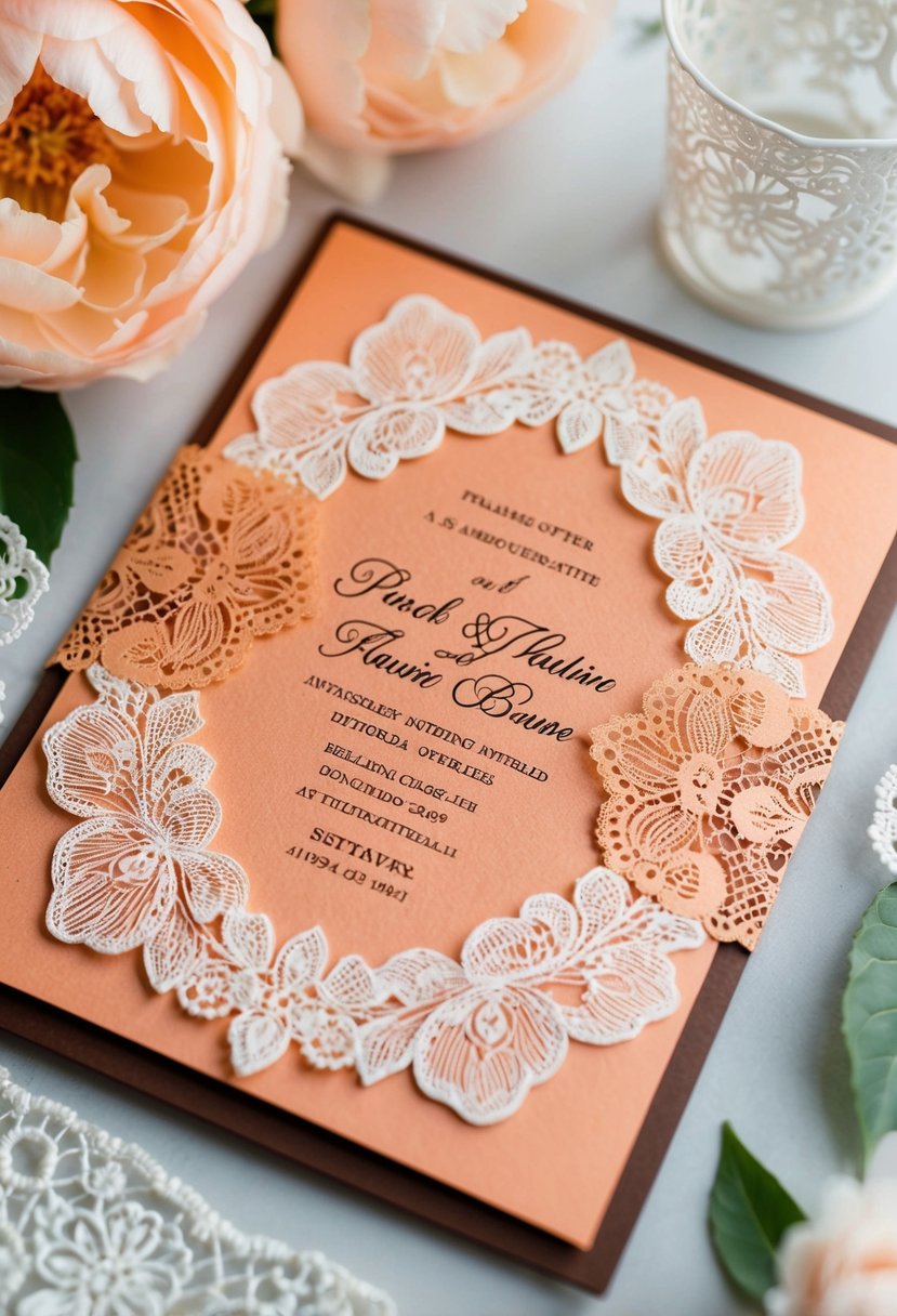 A peach and brown wedding invitation with elegant floral motifs and delicate lace details