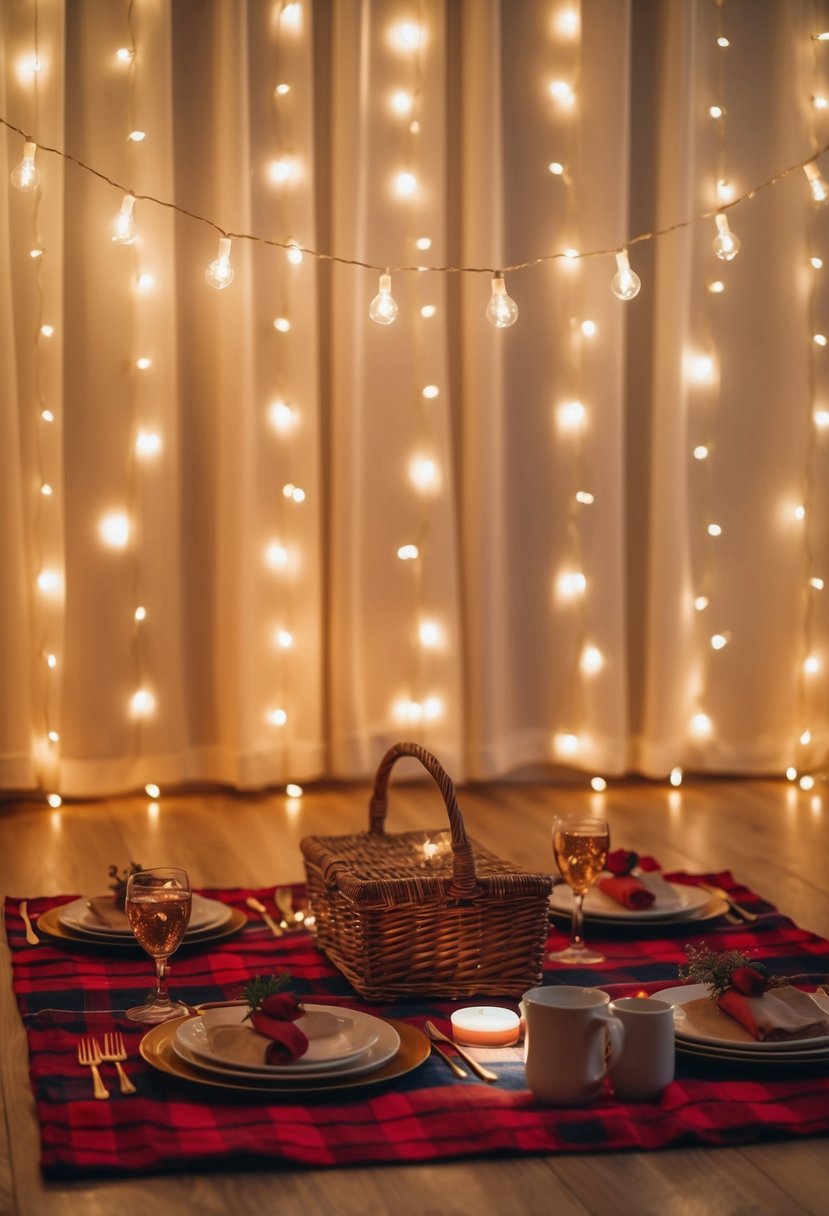 An indoor picnic with fairy lights creating a warm, romantic atmosphere for a Valentine's Day date