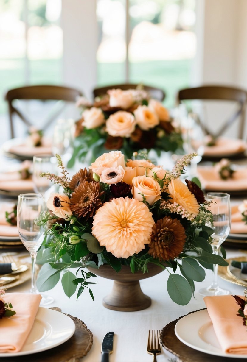 A table adorned with peach and brown floral arrangements for a wedding