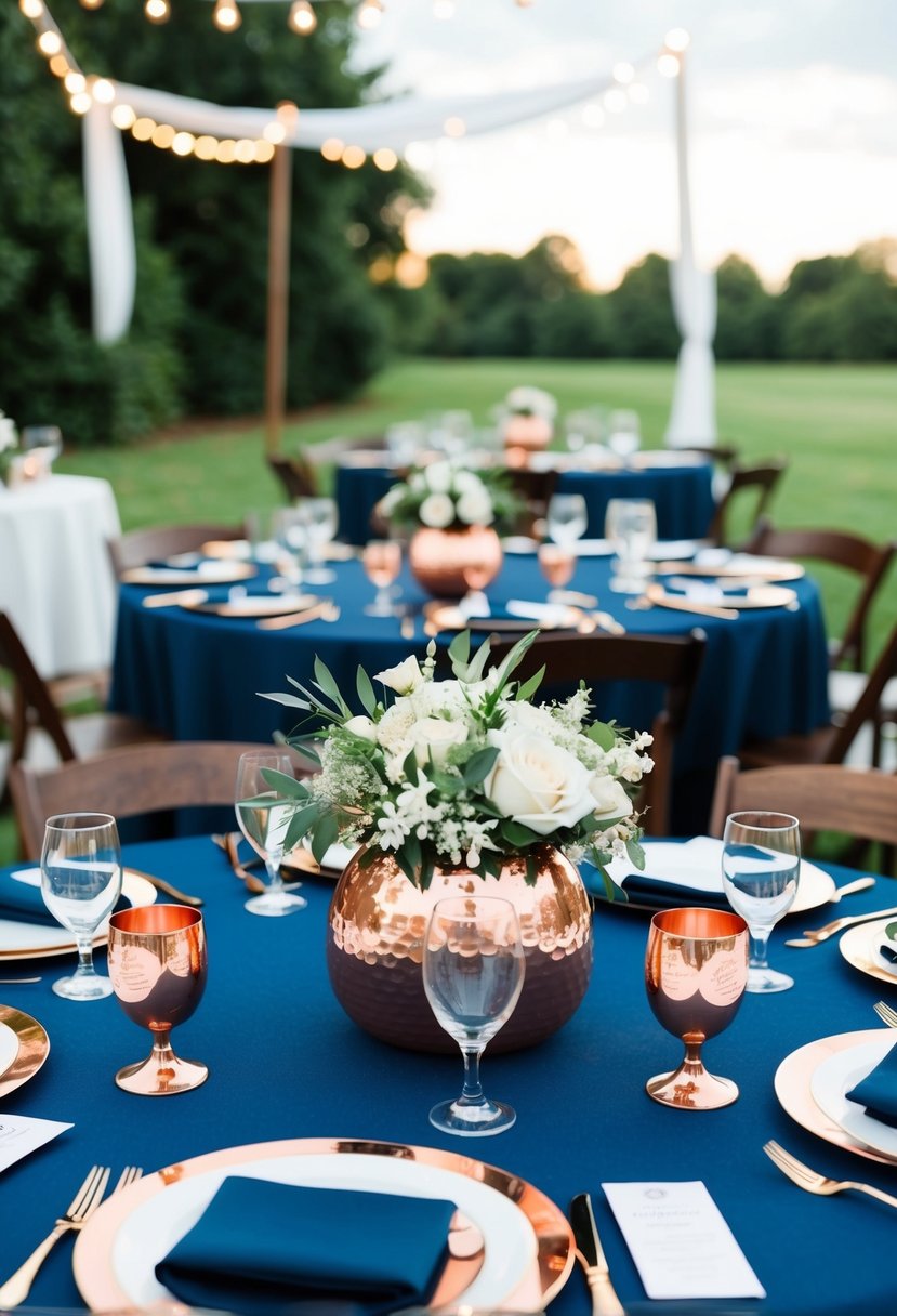 A wedding table decorated with navy blue tablecloth and copper centerpieces