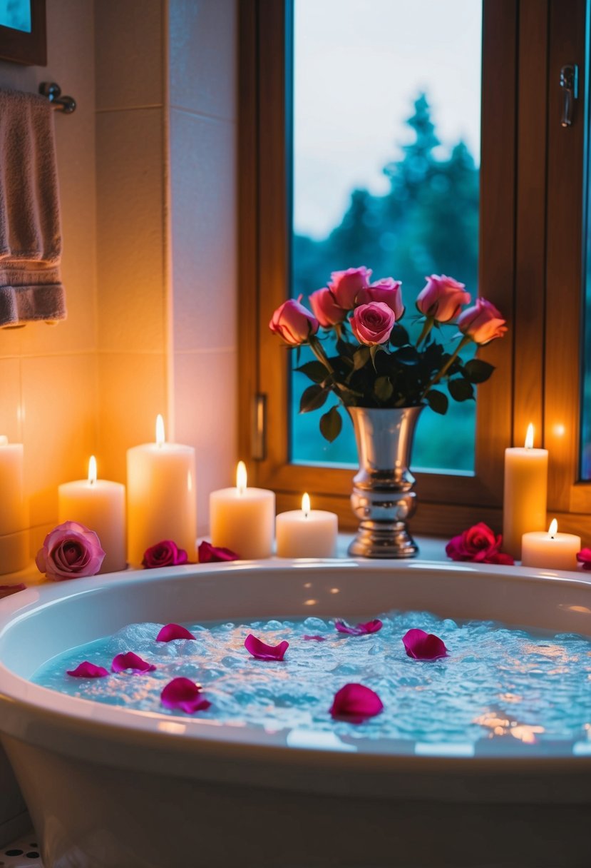 A cozy bathroom with candles, rose petals, and a bubbling bath awaits for a romantic spa night at home