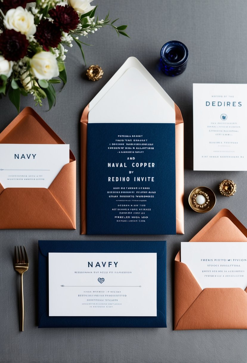 A navy and copper wedding invitation suite with coordinating envelopes and details