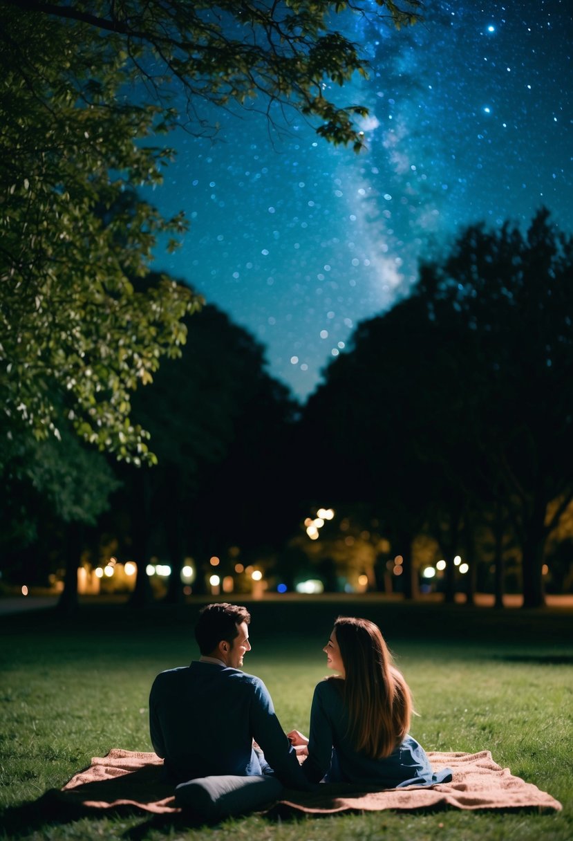 A couple lies on a blanket in a park, surrounded by trees and a clear night sky filled with twinkling stars