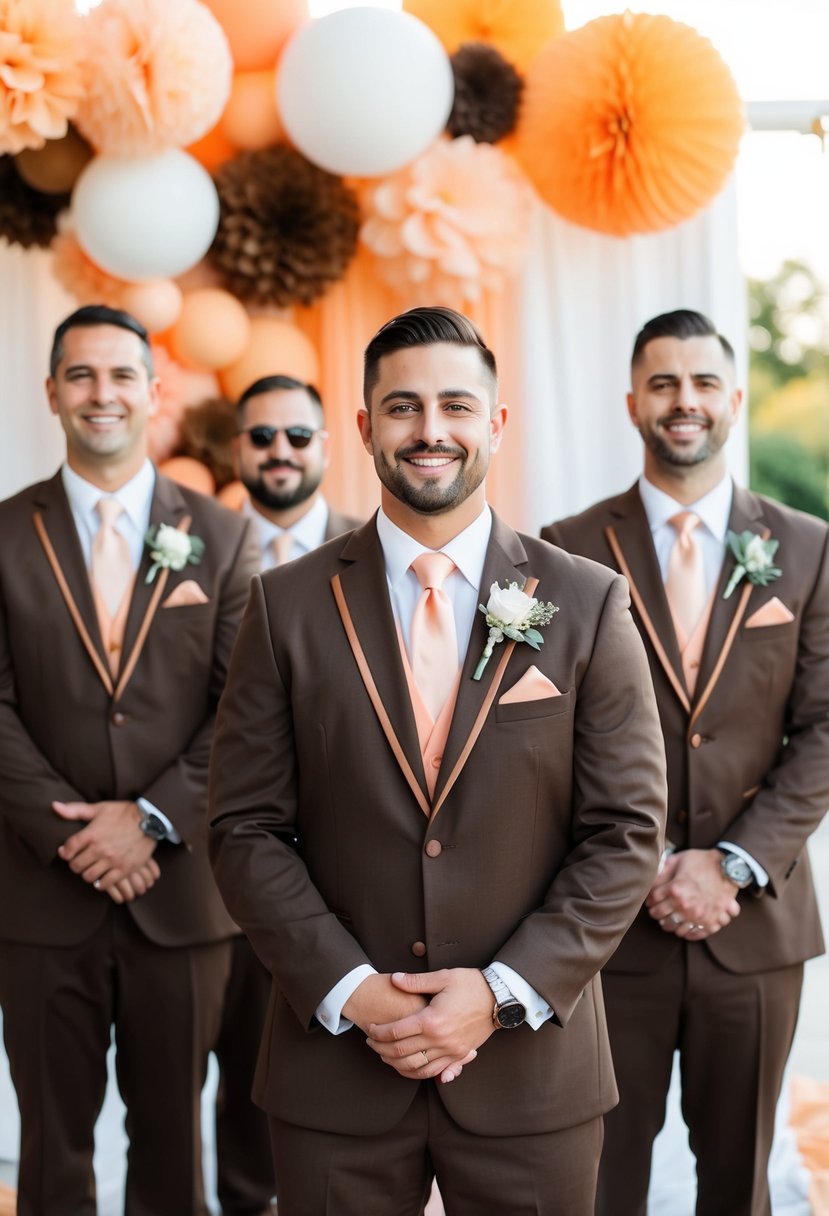 Groomsmen in brown suits with peach accents, standing in a wedding setting with peach and brown decor