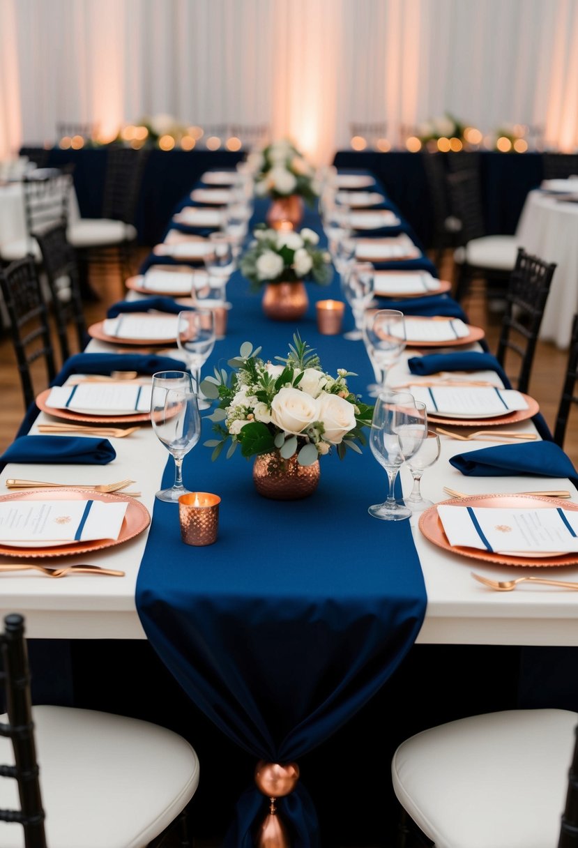 Navy blue table runners with copper accents draped over tables at a wedding reception