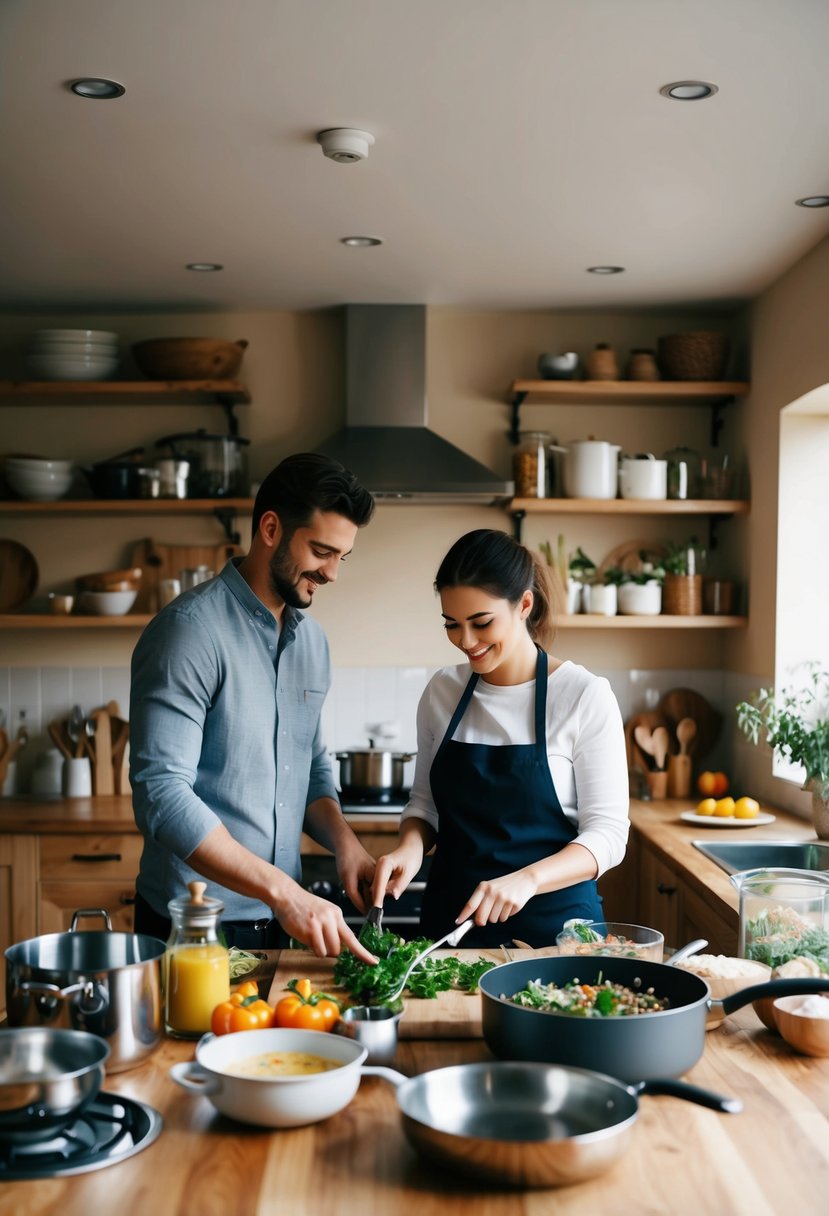 A cozy kitchen with ingredients, pots, and pans scattered around as two figures work together to cook a gourmet meal