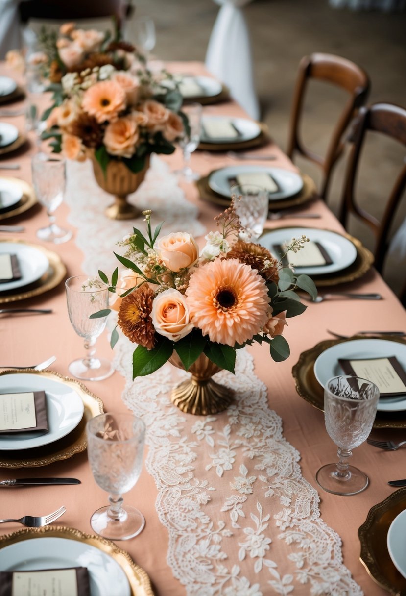 A vintage-inspired wedding table setting with peach and brown decor, including floral centerpieces, lace table runners, and antique tableware