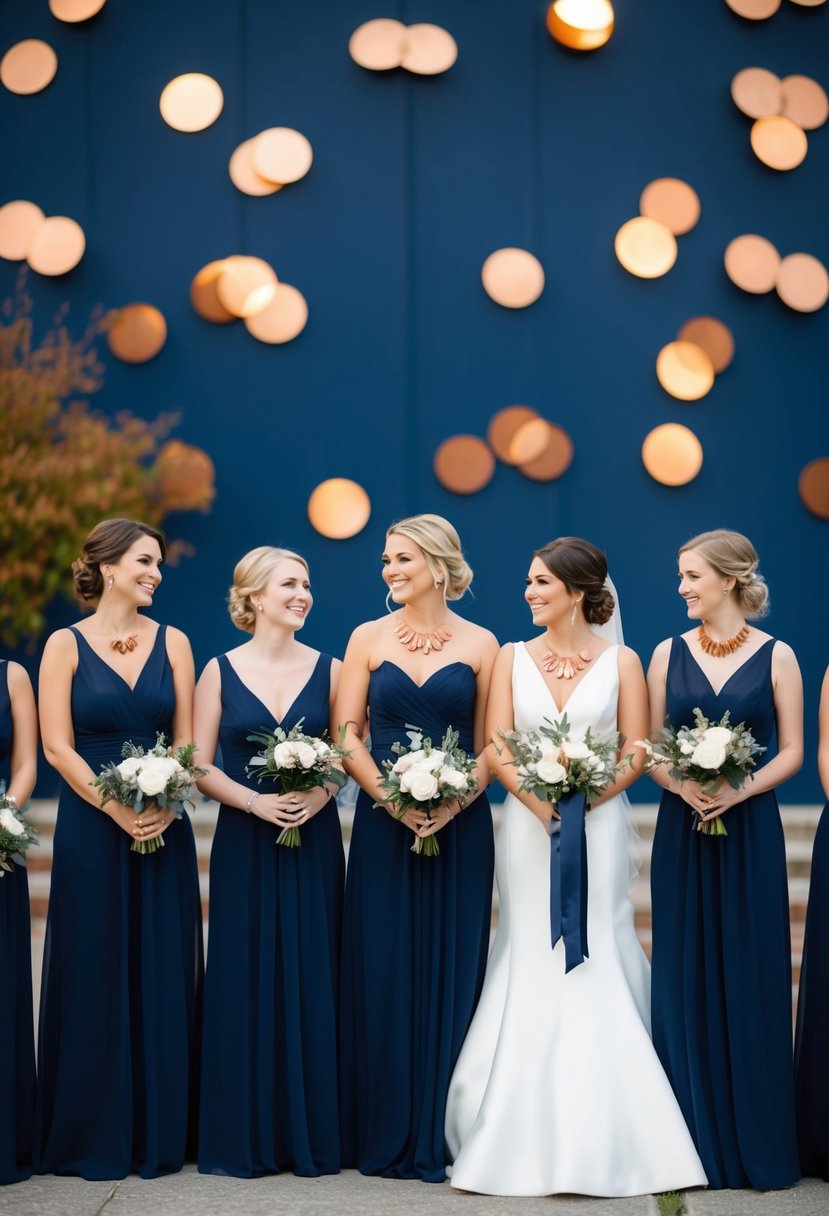 Navy bridesmaid dresses with copper jewelry, set against a navy blue and copper color palette for a wedding