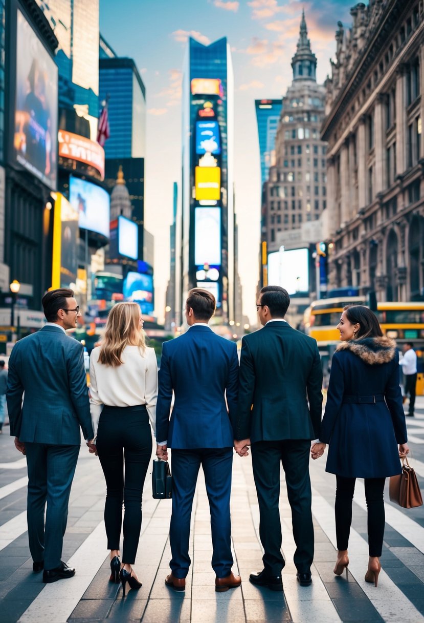 Couples searching for clues in a bustling cityscape, surrounded by iconic landmarks and hidden treasures