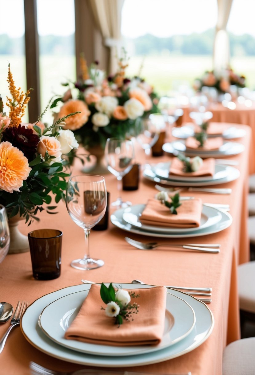 A table setting with peach linens and brown accents, such as napkins, plates, and flowers, creating a warm and elegant wedding color scheme