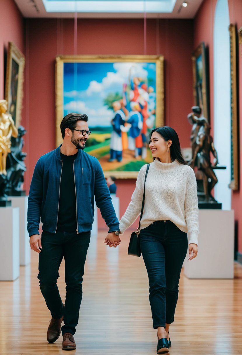 A couple strolling through a museum, surrounded by colorful paintings and sculptures