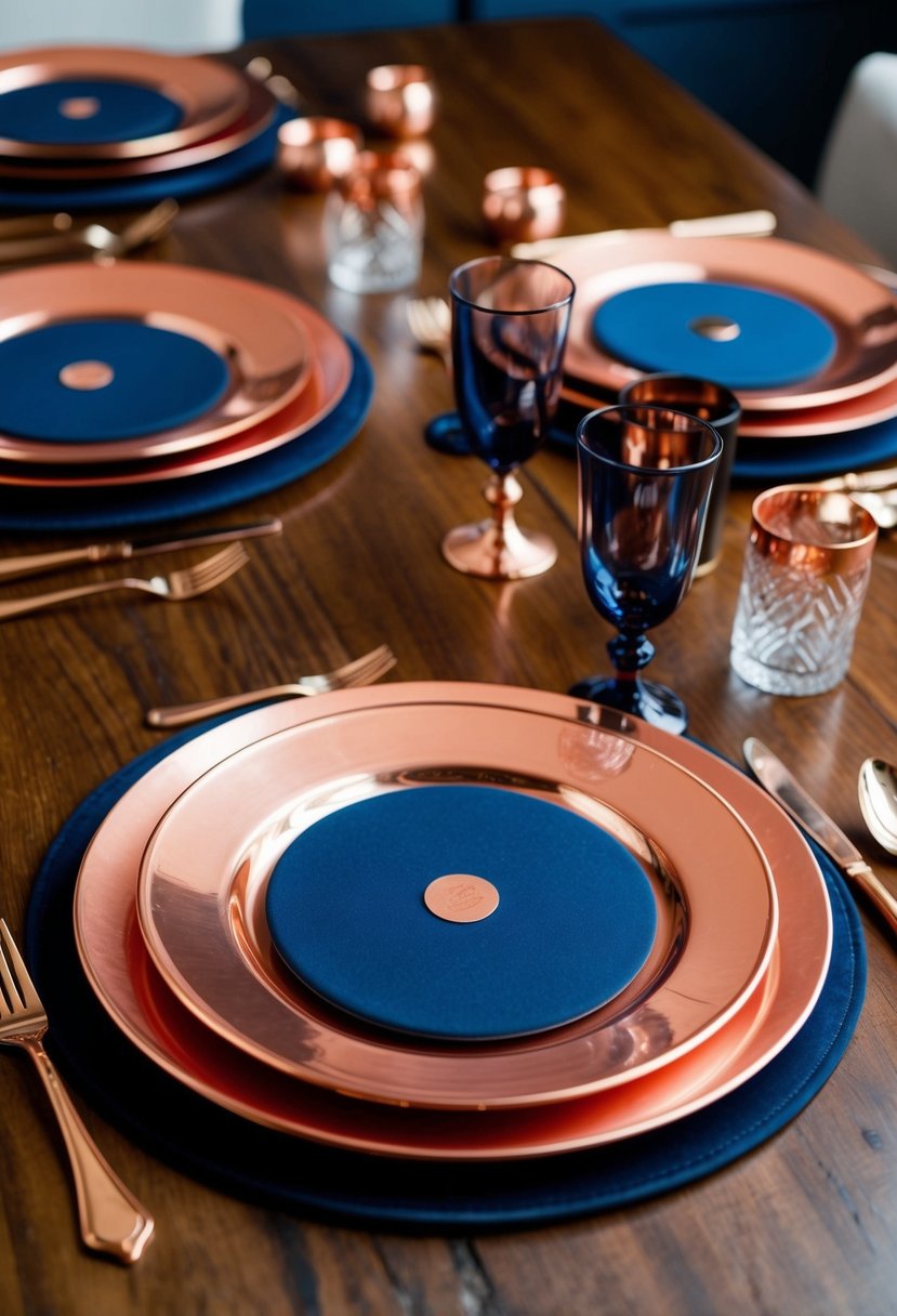 Copper charger plates arranged on a wooden table with navy blue and copper accents