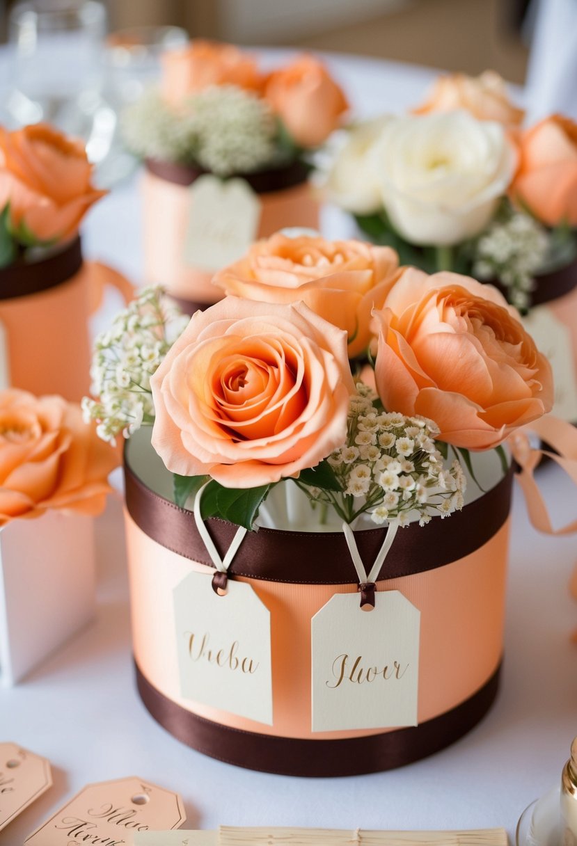 A peach and brown wedding favor display with ribbon, flowers, and personalized tags