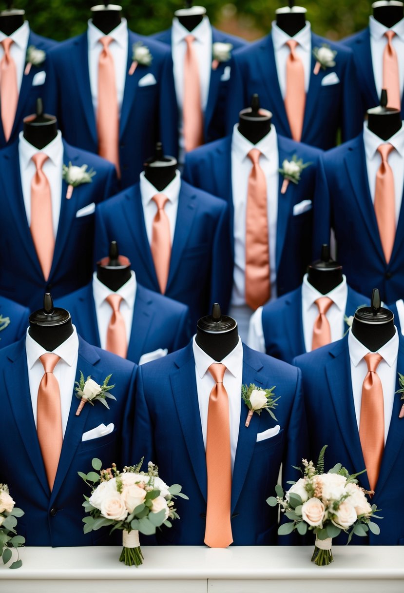 Navy blue suits with copper ties arranged in a stylish wedding setting