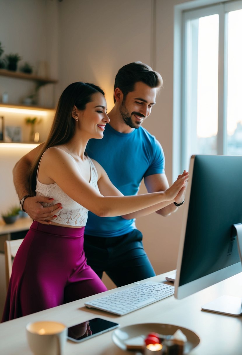 A couple dances together in front of a computer, following an online dance class for their Valentine's Day date