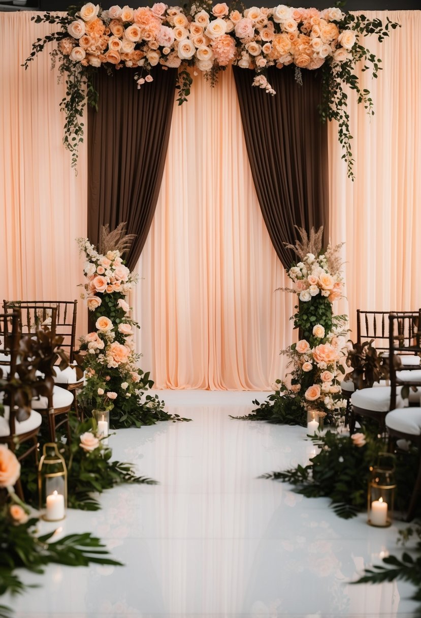 A peach and brown themed wedding backdrop with peach flowers, brown foliage, and elegant drapery