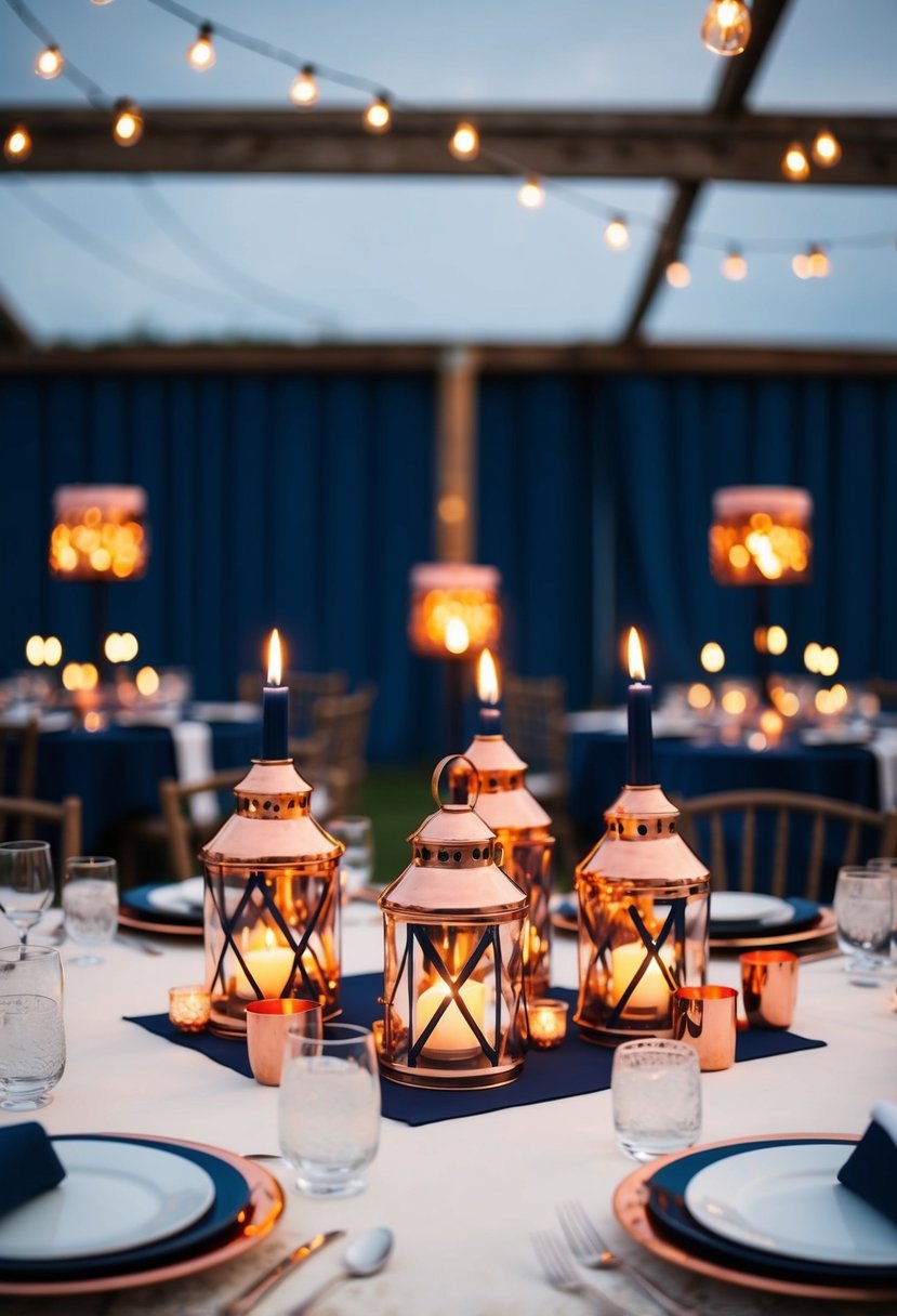 Copper lantern centerpieces with navy candles illuminate a navy blue and copper wedding color scheme