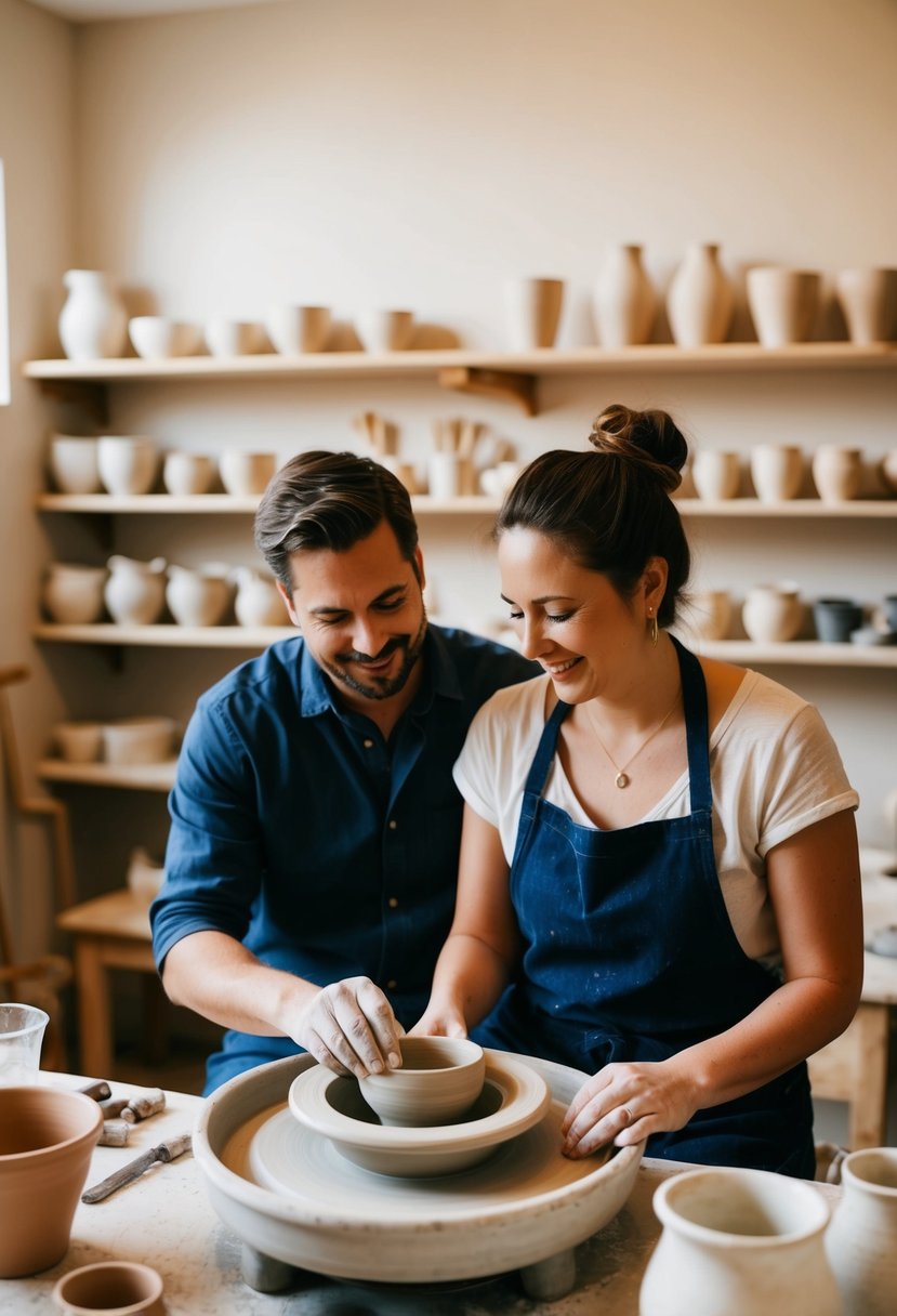 A couple sits at a pottery wheel, shaping clay together. Tools and finished pots line the shelves. The room is warm and cozy, with soft lighting