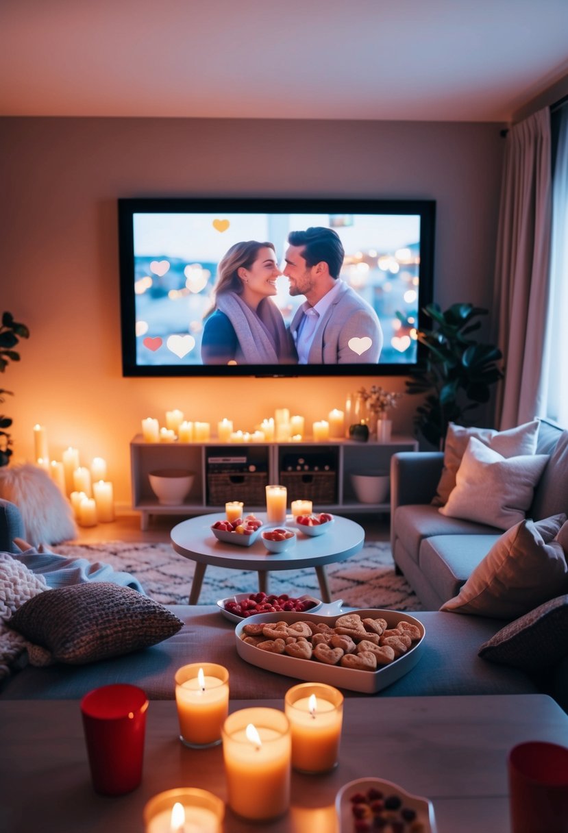 A cozy living room with a romantic movie playing on a large screen, soft blankets and pillows, flickering candles, and a table set with heart-shaped snacks and drinks