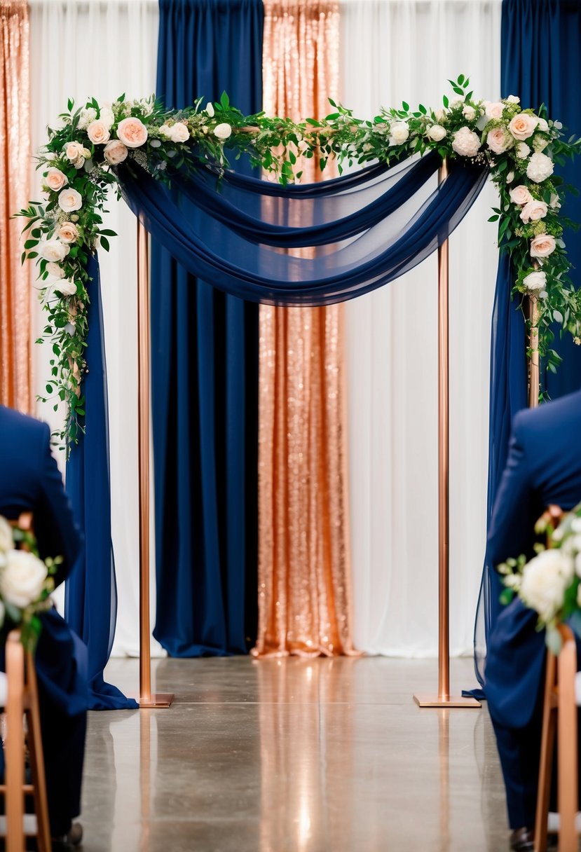 A navy and copper ceremony arch adorned with flowers and draped fabric, set against a backdrop of navy blue and copper wedding decor