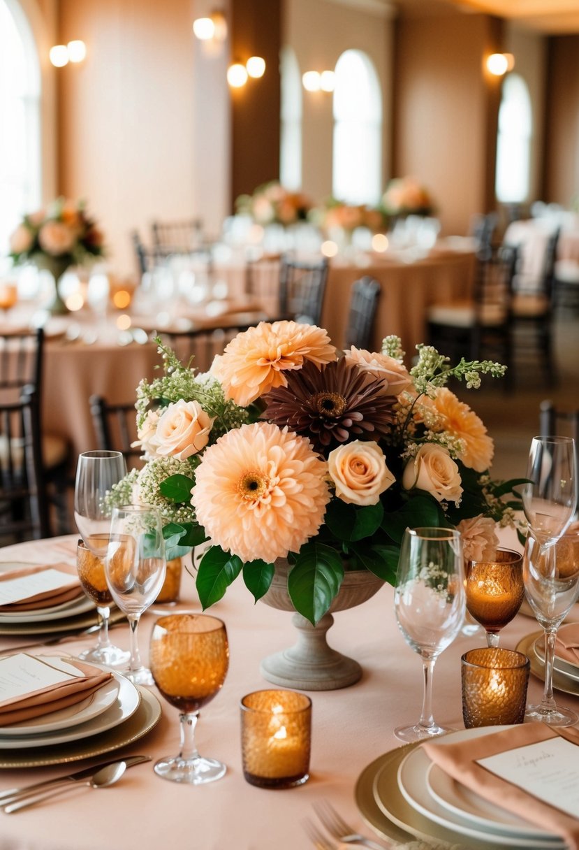 A table adorned with peach and brown floral centerpieces, creating a warm and elegant atmosphere for a wedding celebration