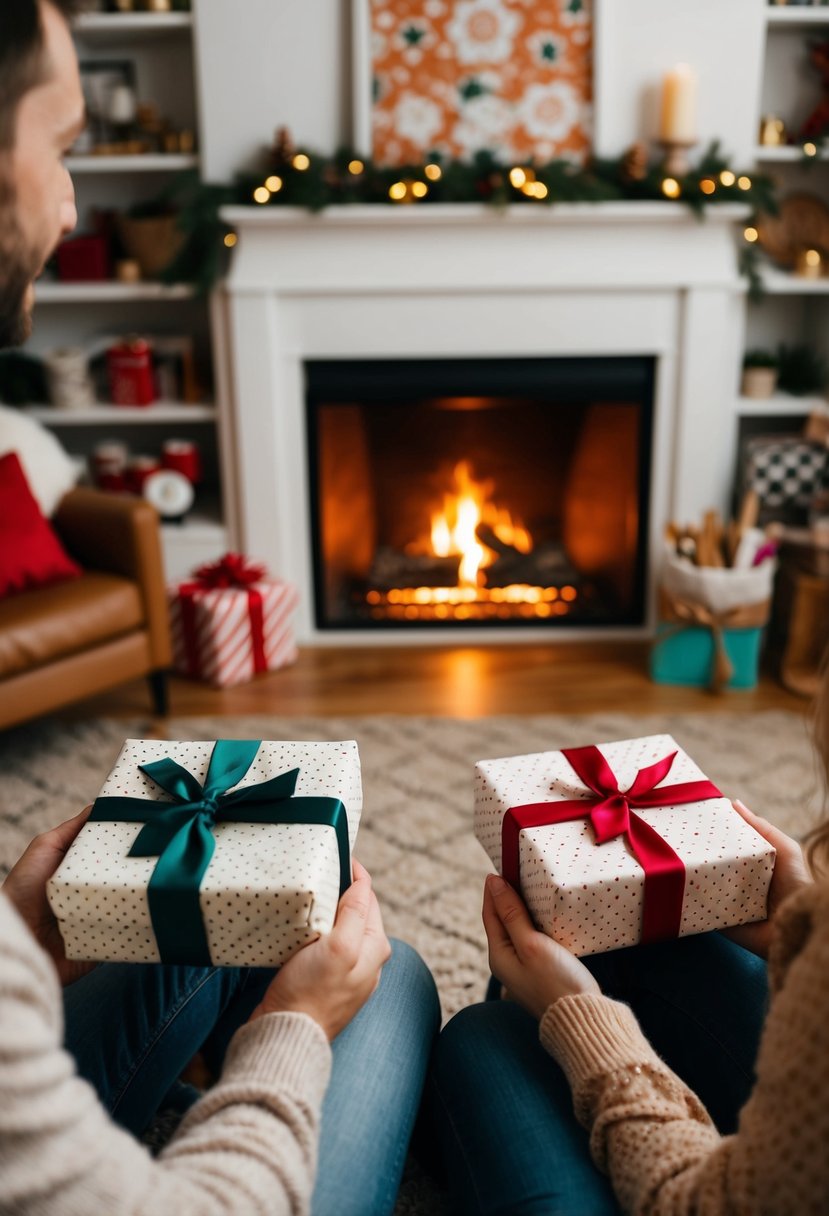 A cozy living room with a crackling fire, two handmade gifts exchanged between a couple, surrounded by crafting supplies and a warm, romantic atmosphere