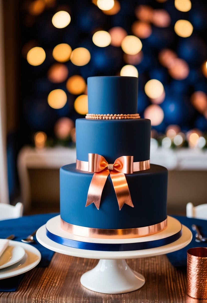 Navy cake adorned with copper ribbons, set against navy and copper wedding decor