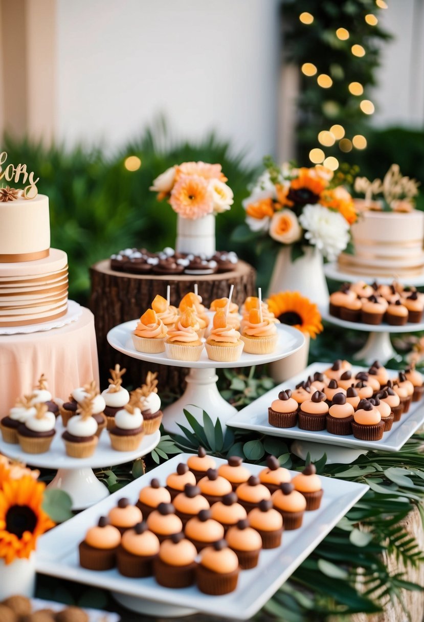 A dessert table adorned with peach and brown treats, flowers, and decor for a wedding celebration