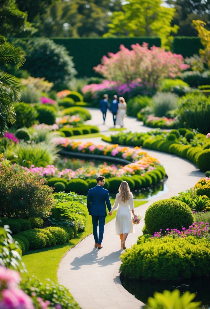 Lush botanical garden with winding paths, blooming flowers, and serene ponds. Couples stroll hand in hand, surrounded by vibrant greenery