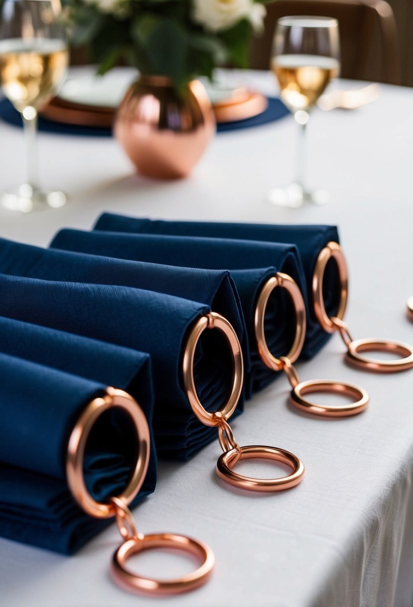 Navy blue napkins neatly folded with copper rings on a table