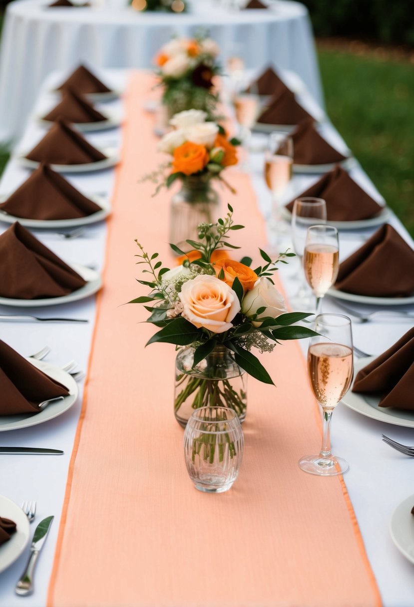 A table set with peach table runners and brown napkins for a wedding