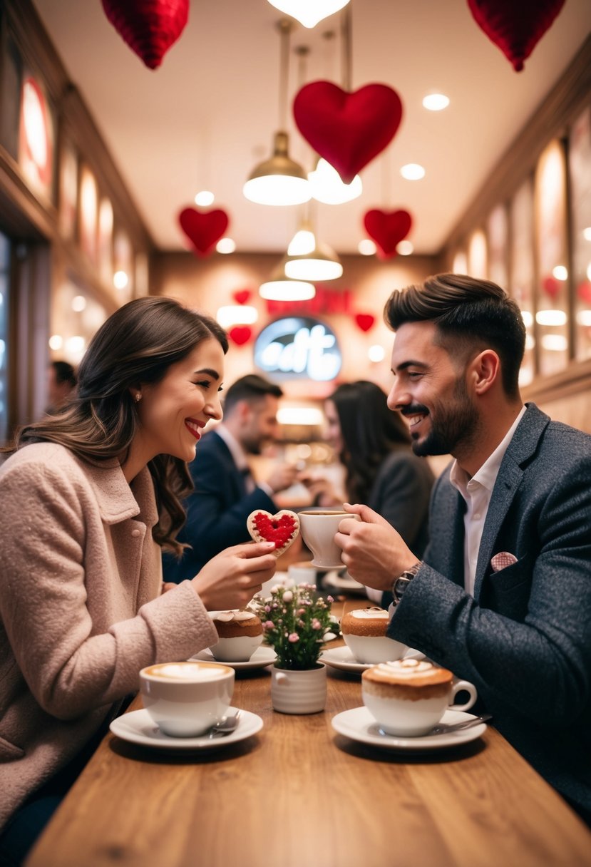 A cozy café with heart-shaped decorations and couples enjoying coffee and desserts