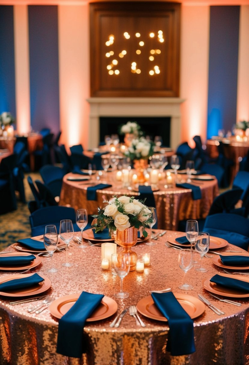 Copper sequin table cloths with navy accents shimmer under warm lighting, creating an elegant and luxurious atmosphere for a navy blue and copper themed wedding