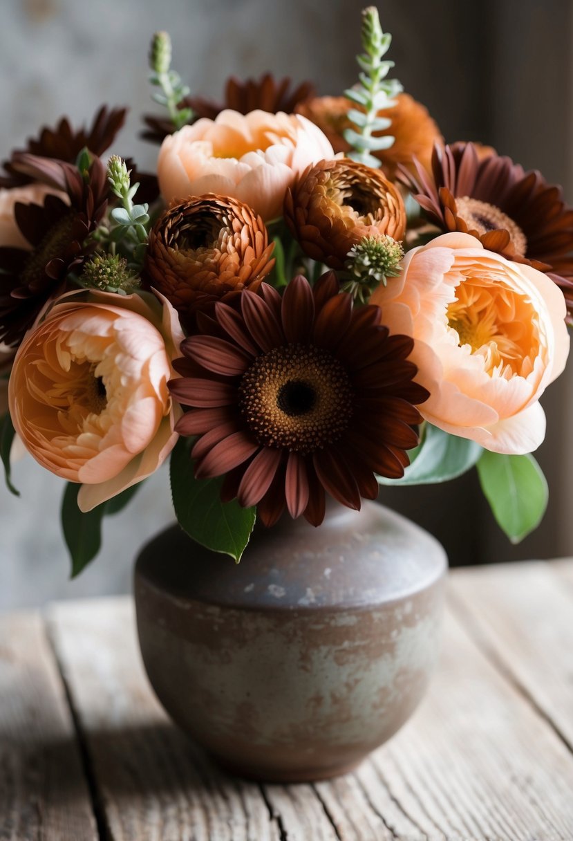 A bouquet of soft peach and rich brown flowers arranged in a rustic vase