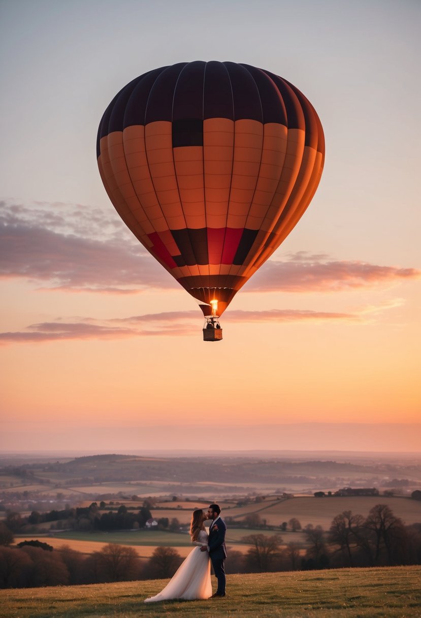 A hot air balloon floats over a picturesque landscape at sunset, with a couple enjoying a romantic Valentine's Day date