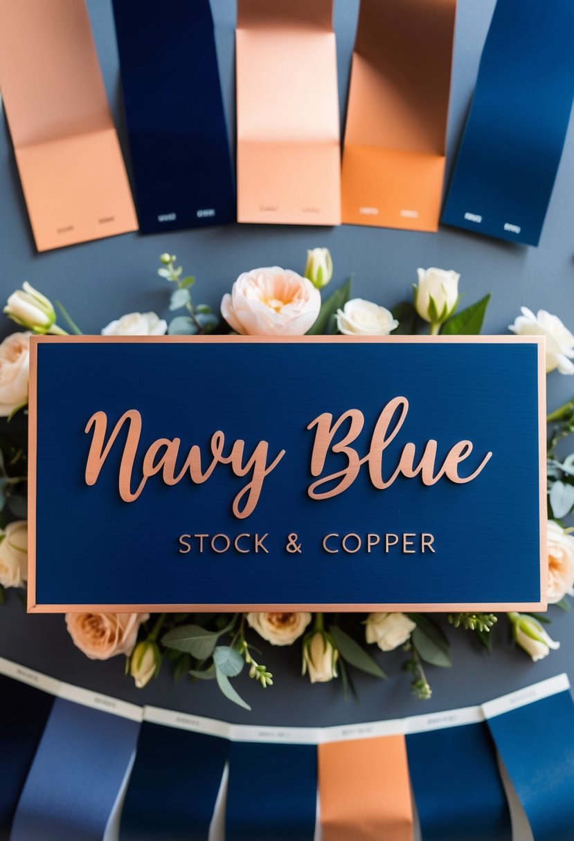 A navy blue sign with copper writing, surrounded by wedding color swatches in navy blue and copper