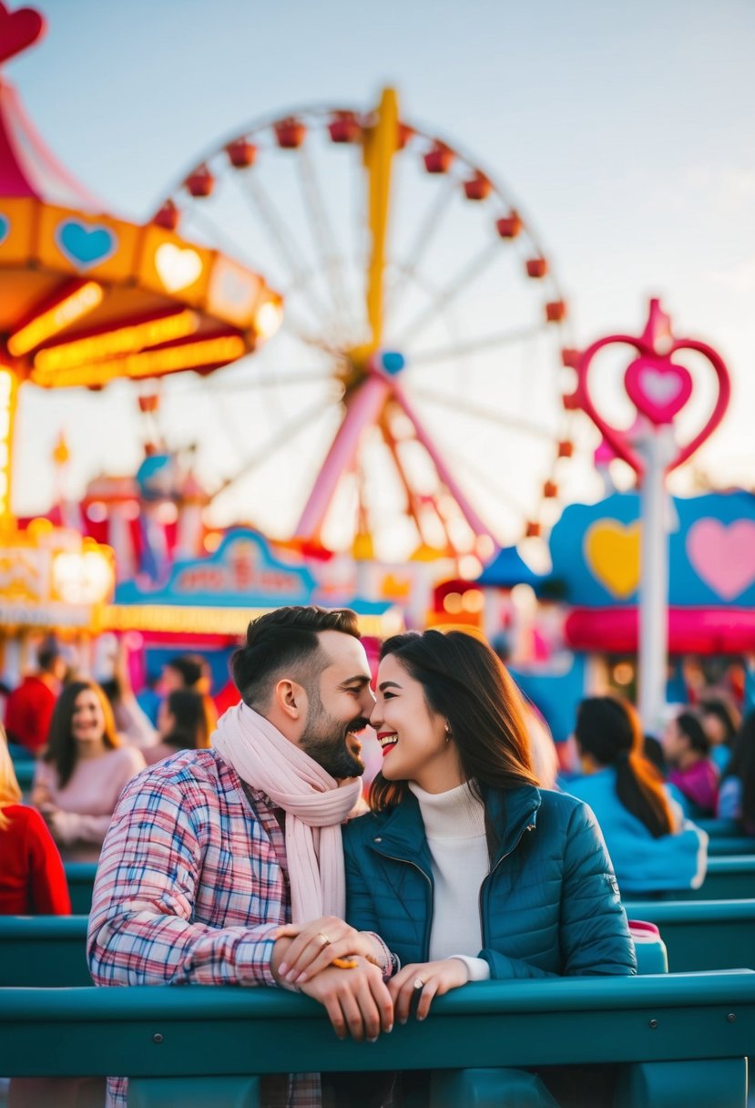 Thrilling rides, colorful attractions, and joyful couples fill the bustling amusement park on Valentine's Day